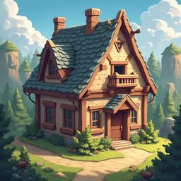 A charming cottage with wooden roof, chimney, and balcony sits amidst lush greenery, vibrant flowers, and distant mountains.