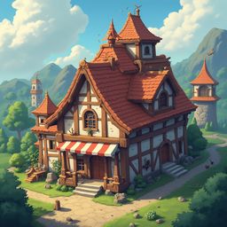 A charming medieval-style house with a red tiled roof, white walls, and red and white awnings is nestled amidst lush greenery and framed by majestic mountains.