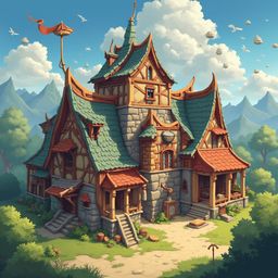 A charming medieval-style house with red roof, stone walls, and wooden beams stands amidst lush greenery, with majestic mountains in the background.