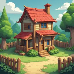 A charming red-roofed cottage with blue windows sits in a lush green landscape, accessible via a dirt path and wooden fence.