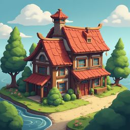 A charming red-roofed cottage with white walls sits on a small island, surrounded by lush greenery and a tranquil body of water.