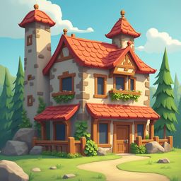 A charming stone cottage with a red roof, wooden door, and balcony is nestled amidst nature, with trees and rocks surrounding the property.