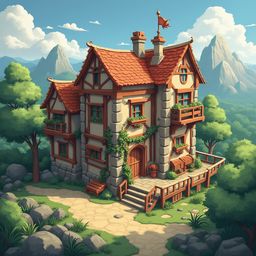 A charming stone cottage with a red roof, wooden balcony, and flag, set amidst a verdant landscape with majestic mountains.