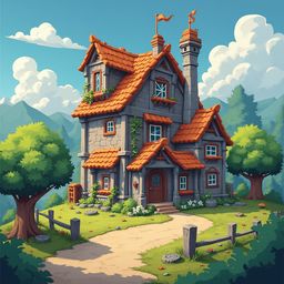 A charming stone cottage with a red tiled roof, chimney, and flag sits on a green hill, surrounded by trees and mountains.