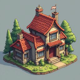 A charming, two-story cottage with a red tiled roof, flag, and chimney sits on a small island amidst trees.