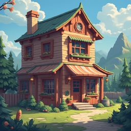 A charming two-story house with a red roof, green awning, and red door is nestled in a lush forest with pink flowers and a distant mountain.