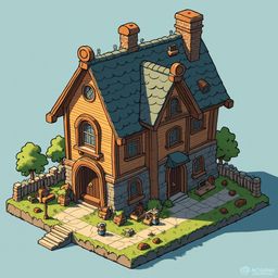A charming, wooden cabin with blue roof, chimney, and windows sits on a grassy isles, complete with furniture and a small garden.