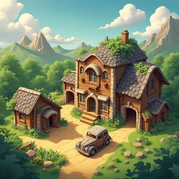 A charming wooden cabin with gray roof, chimney, and porch sits amidst lush greenery, with a vintage car parked nearby and majestic mountains in the distance.