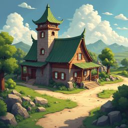 A charming wooden cabin with green roof and tower sits amidst a lush landscape, accessible via a dirt path and surrounded by trees and mountains.