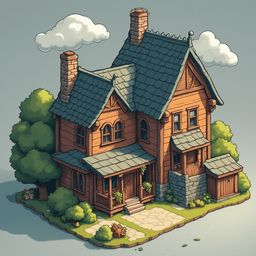 A charming wooden house with a green roof, chimney, and porch sits amidst nature, with a small shed and colorful flowers nearby.