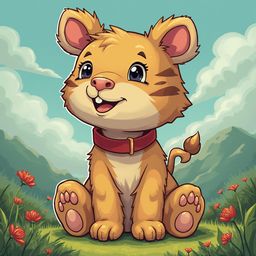 A cheerful cartoon lion with a red collar sits amidst red flowers and green mountains, smiling at its camera.