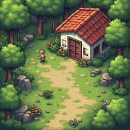 A child in red and blue stands on a dirt path, approaching a small white house with a red roof and orange flowers, surrounded by trees and rocks.