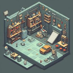 A cluttered workshop with shelves, tools, machinery, and a yellow car on tools, conveying a sense of ongoing work.