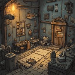 A cluttered workshop with tools, equipment, and miscellaneous objects is illuminated by a single lightbulb.