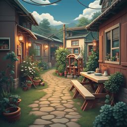 A cobblestone path in a quaint village is lined with wooden buildings, red roofs, and potted plants, leading to a picnic table under a clear blue sky.