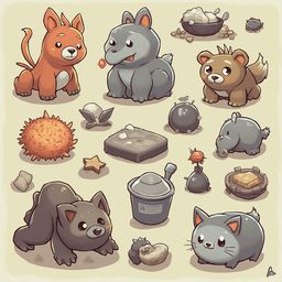 A collection of 12 cartoon animals, including a dog, bear, hamster, cat, rhinoceros, hippopotamus, elephant, squirrel, bird, frog, and lizard, interact with objects on a light beige background.
