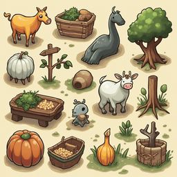 A collection of 12 whimsical farm animals and objects, including a cow, pumpkin, tree, wagon, barrel, and birdhouse, populates a lush green meadow.
