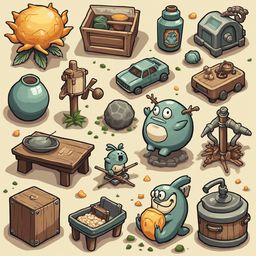 A collection of 16 isometric objects, including a sunflower, wooden crate, blue car, teapot, car, bird, rock, pot, bench, grinder, birdhouse, potion, and milk jug.