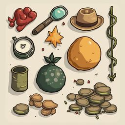 A collection of cartoon-style objects includes a red octopus, magnifying glass, hat, telescope, star, orange, bucket, pineapple, rocks, vine, and pot.