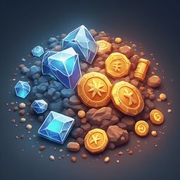 A collection of colorful jewels, coins, and a barrel, arranged in a circular pattern against a dark gray background.