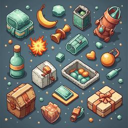 A collection of colorful objects, including a green backpack, banana, suitcase, heart, orb, bottle, basket, chest, and candle, are scattered against a dark blue background with gold stars.