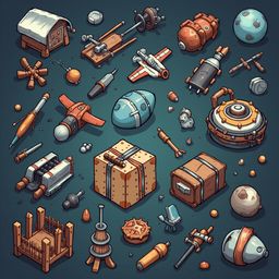 A collection of colorful, whimsical objects including a birdhouse, rocket ship, globe, suitcase, and treasure chest, scattered across a dark blue backdrop.