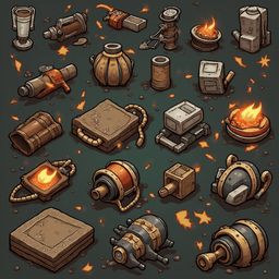 A collection of isometric illustrations features various objects with flames, showcasing a diverse range of shapes, sizes, and colors.