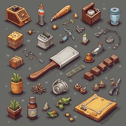 A collection of isometric objects, including a wooden box, metal container, tool, plant pot, bottle, candle, coil, ruler, clamp, screwdriver, and wrench, are arranged on a dark gray background.