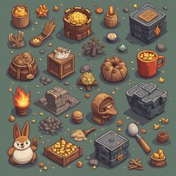 A collection of isometric objects, including barrels, baskets, bowls, pumpkins, fire, tools, and animals, are arranged on a dark green background.