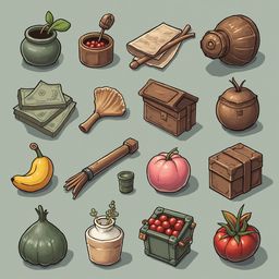 A collection of objects, including a potted plant, wooden bowl, paper scroll, wooden jug, stack of money, wooden brush, treasure chest, banana, tomato, cucumber, and onion, are arranged on a light blue-green background.