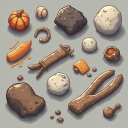 A collection of objects, including a pumpkin, baseball, rock, hockey puck, bread, potato, ball, rock, wooden stick, and small bowl, are scattered on a gray surface.