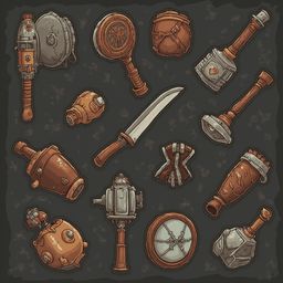 A collection of steampunk-themed weapons and devices, including guns, lanterns, torches, and tools, are arranged against a dark gray background.