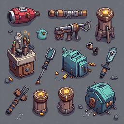 A collection of unique, colorful objects includes red rockets, brown cylinders, blue boxes, yellow stars, and blue and orange tools.