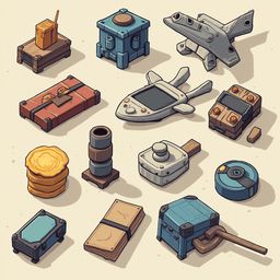 A collection of unique, colorful objects including a blue box, gray spaceship, brown chest, blue toolbox, and wooden stack, arranged on a beige background.