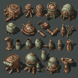 A collection of unique, mechanical-looking objects in various shades of green, brown, and red, arranged in a grid-like pattern.