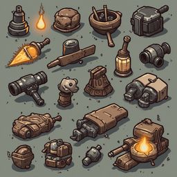A collection of unique, stylized weapons and tools in various shapes, sizes, and colors, arranged against a muted gray background.