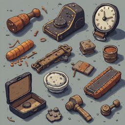 A collection of vintage and whimsical objects, including a wooden clock, alarm clock, suitcase, clockwork toy, hammer, nutcracker, and wooden barrel, are scattered across a gray surface.