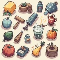 A collection of whimsical objects, including a yellow block, green apple, blue hammer, red teapot, wooden cane, blue jar, orange pumpkin, green pear, yellow squash, and purple flowers.