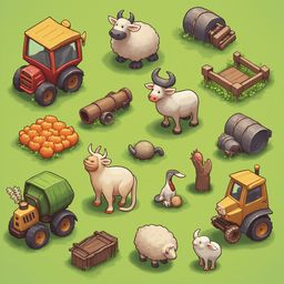 A colorful farm scene features farm animals, a red tractor, green truck, barrels, haystacks, and wooden crates.