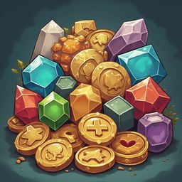 A colorful pile of gold, silver, and purple gems, coins, and crystals rests on a dark green surface.