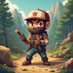 A confident cartoon adventurer, dressed in red cap, blue jeans, and brown boots, stands on a dirt path in a lush forest, holding a walking stick.