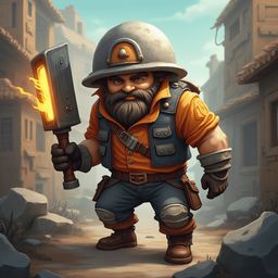 A confident cartoon character, dressed in orange and blue, stands on a stone path in a quaint village, holding a glowing hammer.