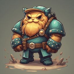 A confident orange-haired humanoid character with blue armor, gold accents, and a green hat stands on a dirt mound, surrounded by small rocks.