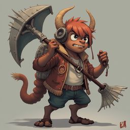 A confident red-haired cartoon character, dressed in red and blue, holds a large axe and mop, exuding readiness against a plain gray background.