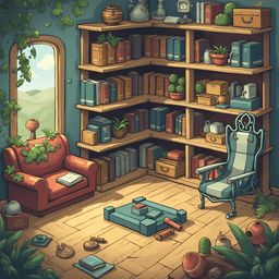 A cozy room features a large wooden bookshelf, orange armchair, blue and white chair, and green plants, with a view of a mountain through a window.