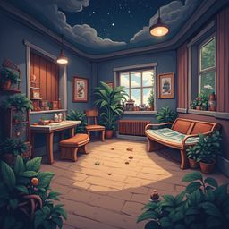 A cozy room with blue walls, green plants, and wooden furniture features a table, bench, lamp, and window, exuding tranquility.