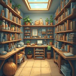 A cozy study room with wooden bookshelves, plants, and a desk with a computer and printer, bathed in natural light from a skylight.