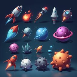 A digital collage of colorful, whimsical spaceships and celestial bodies against a dark blue backdrop.