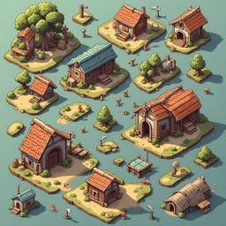 A digital illustration features 12 whimsical houses on small islands, connected by paths and surrounded by greenery.