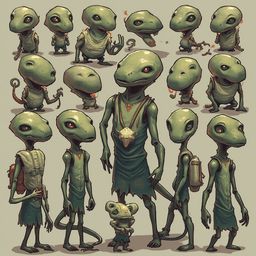 A digital illustration features a central green-skinned humanoid with red eyes, wearing a necklace and carrying a backpack, surrounded by smaller green creatures in various poses.